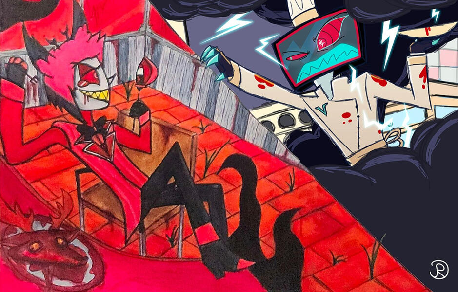 Alastor (left) eating venison, which Vox (right) had made.